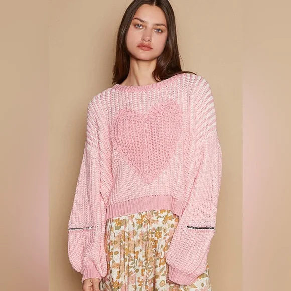 901. 🛑POL AT COST! LAST 1! Crochet Pullover Sweater Pink white Chunky Heart zip - Picture 3 of 6
